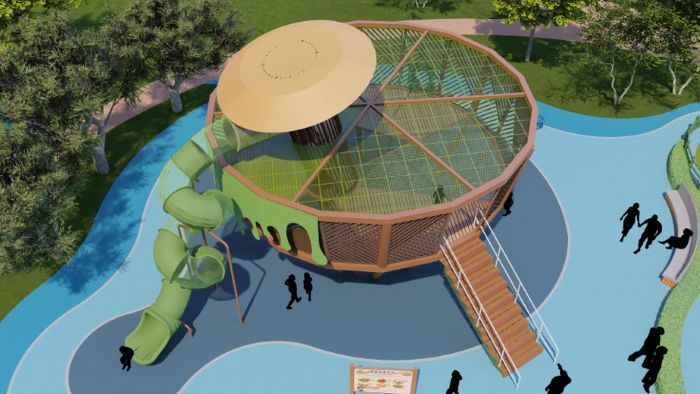 《圖說》全台首座以客家擂茶與米食為文化意象，設計出共融式遊具--設計示意圖。〈客家局提供〉