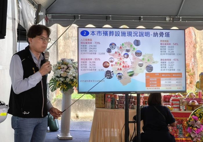 《圖說》殯葬處長陳健民簡報,報告納骨櫃位增設進度及環保葬區的規劃情形。〈民政局提供〉